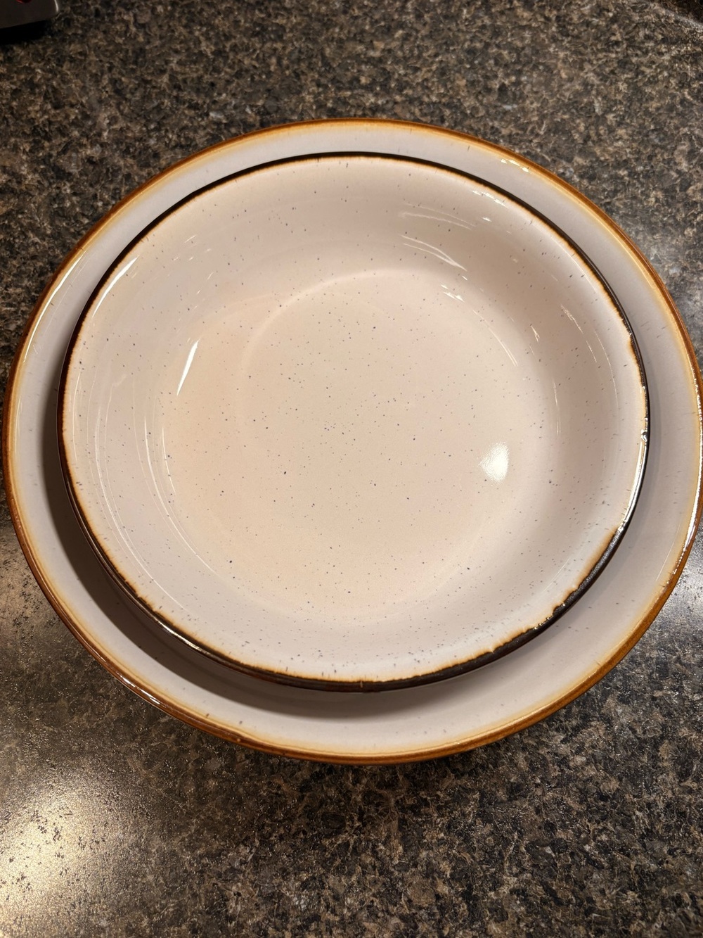 Gallery White Speckled Dinnerware Bowls (2) with Brown Rim